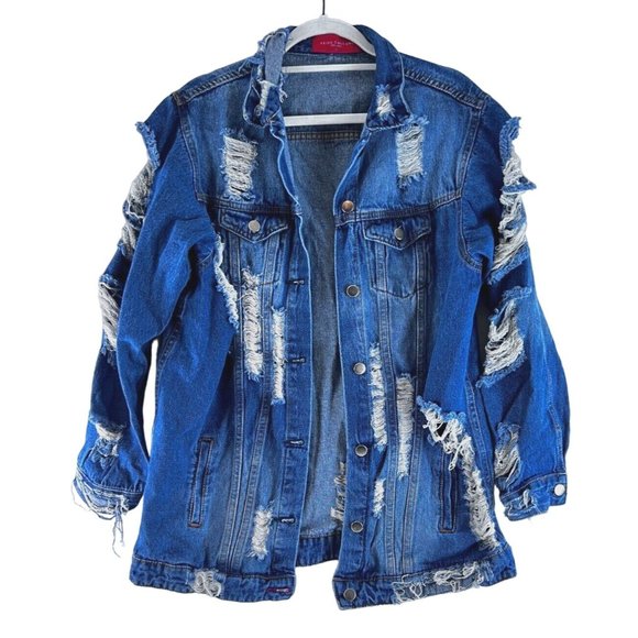 Akira Chicago Red Label Distressed Denim Jean Jacket Size Women’s Large - Picture 1 of 13